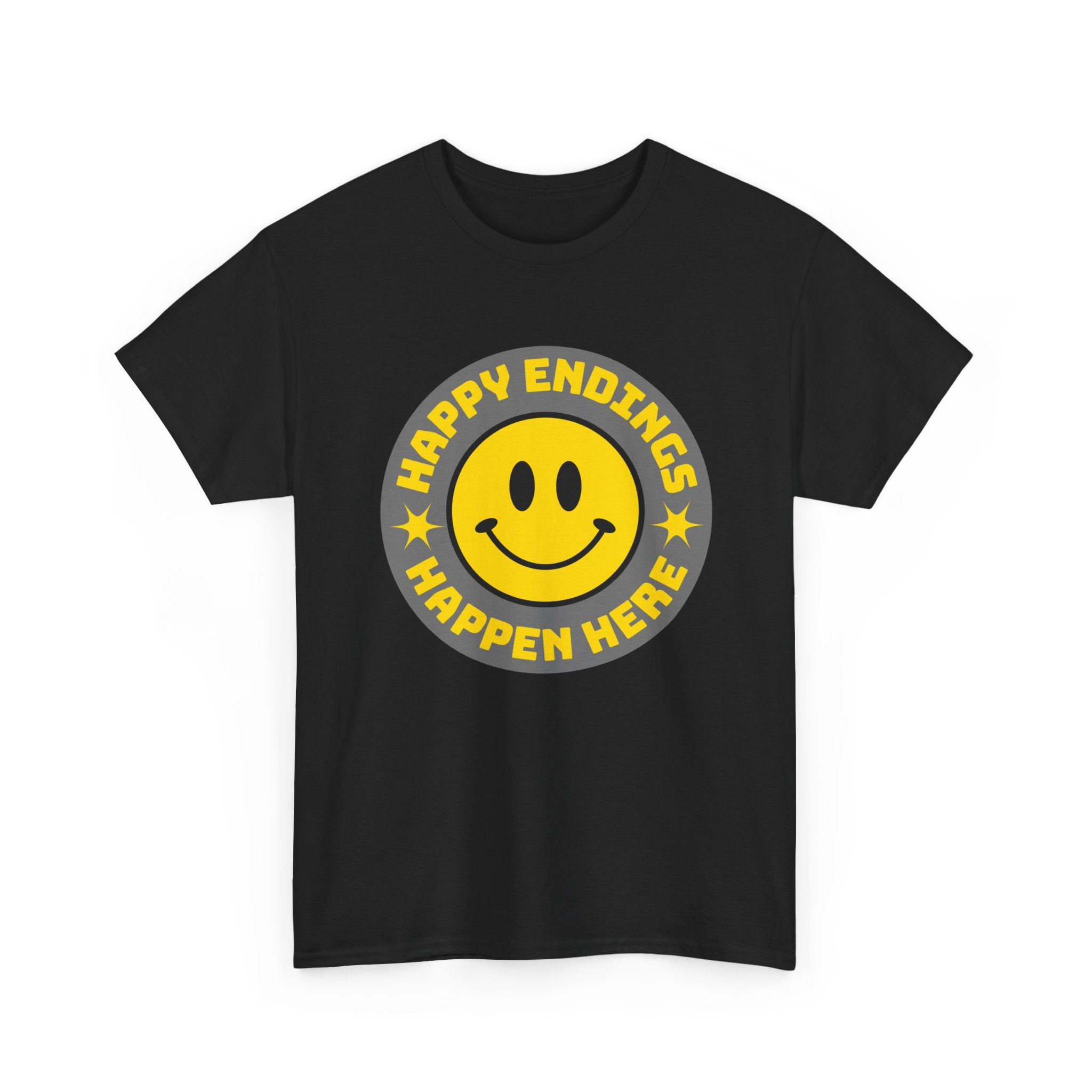 Happy Endings Happen Here – Funny Smiley Face T-Shirt