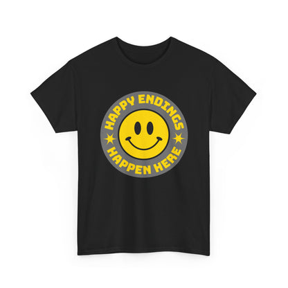 Happy Endings Happen Here – Funny Smiley Face T-Shirt
