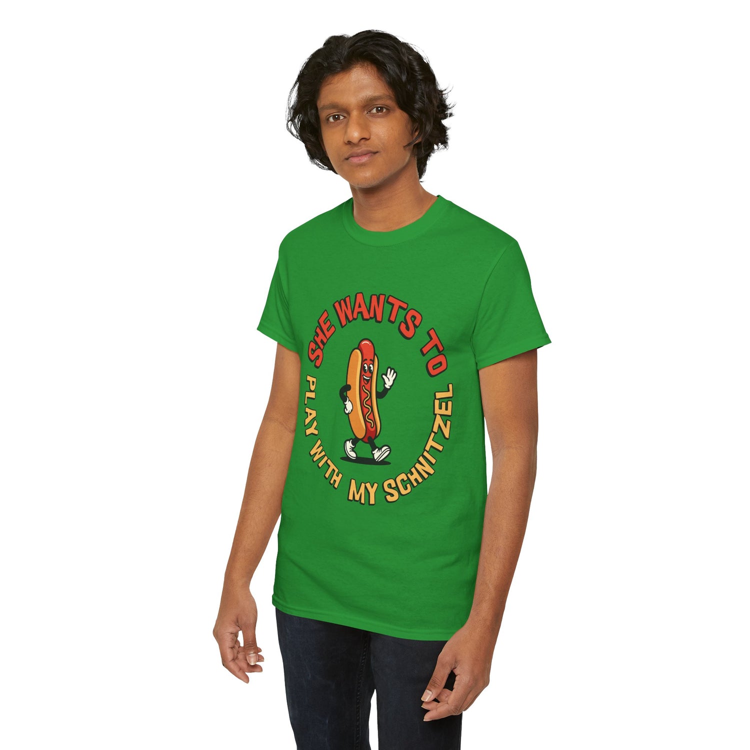 Hot Dog Graphic Tee - "She Wants To Play With My Schnitzel" Funny Retro Food Shirt