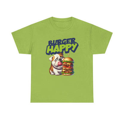 Burger Happy Bulldog T-Shirt — Cute Bulldog with Giant Burger Graphic