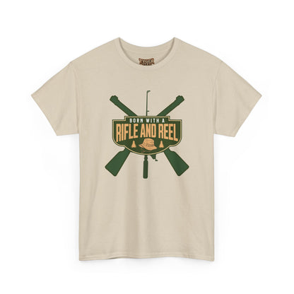 Rifle and Reel T-Shirt — "Born With a Rifle and Reel" Hunting &amp; Fishing Graphic Tee