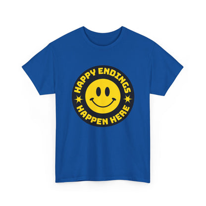 Happy Endings Happen Here – Funny Smiley Face T-Shirt