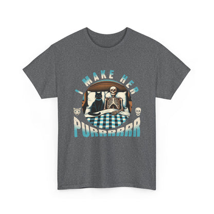 Skeleton Cat Tee — "I Make Her Purrrrrr" Funny Gothic Halloween Shirt