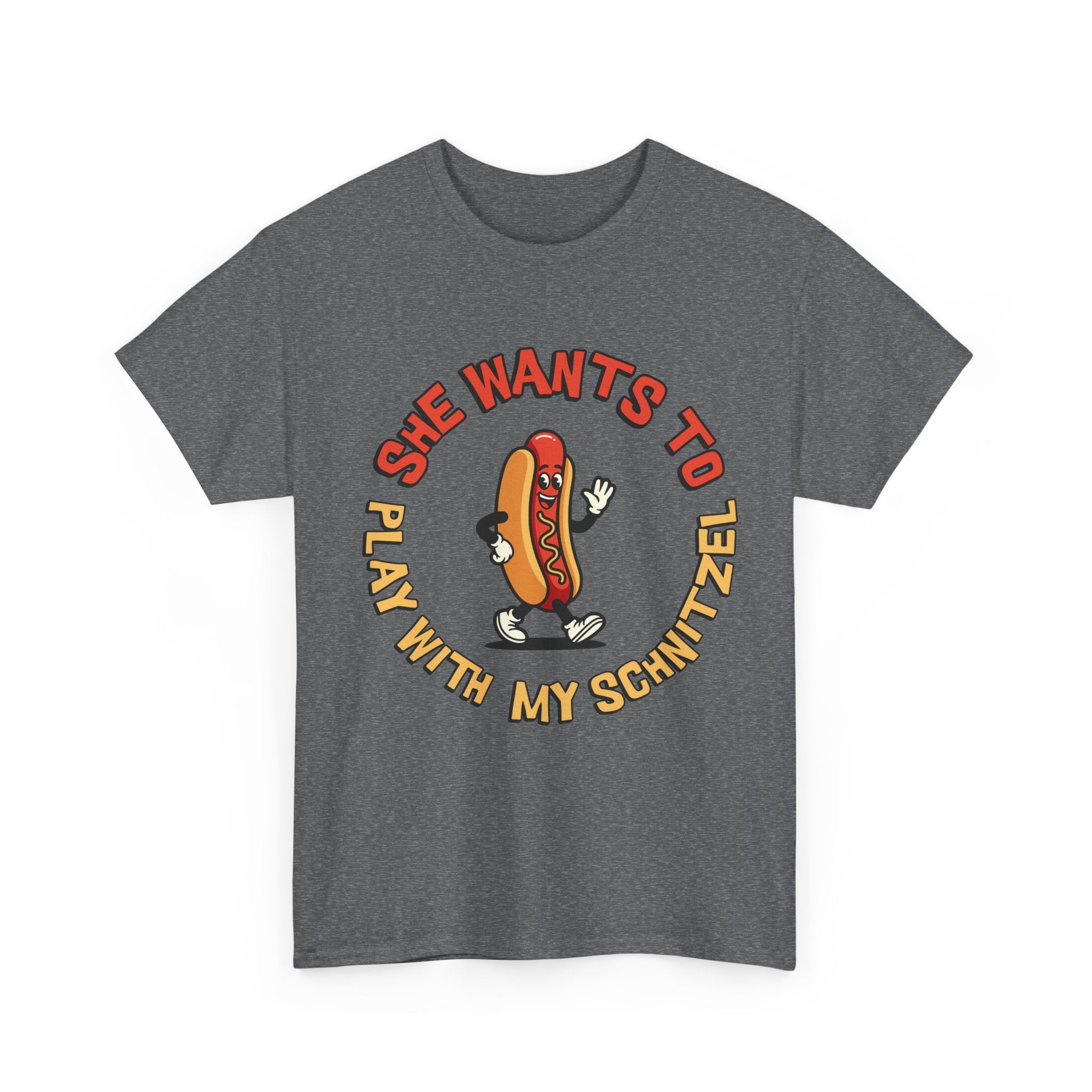 Hot Dog Graphic Tee - "She Wants To Play With My Schnitzel" Funny Retro Food Shirt