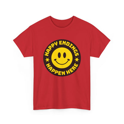 Happy Endings Happen Here – Funny Smiley Face T-Shirt