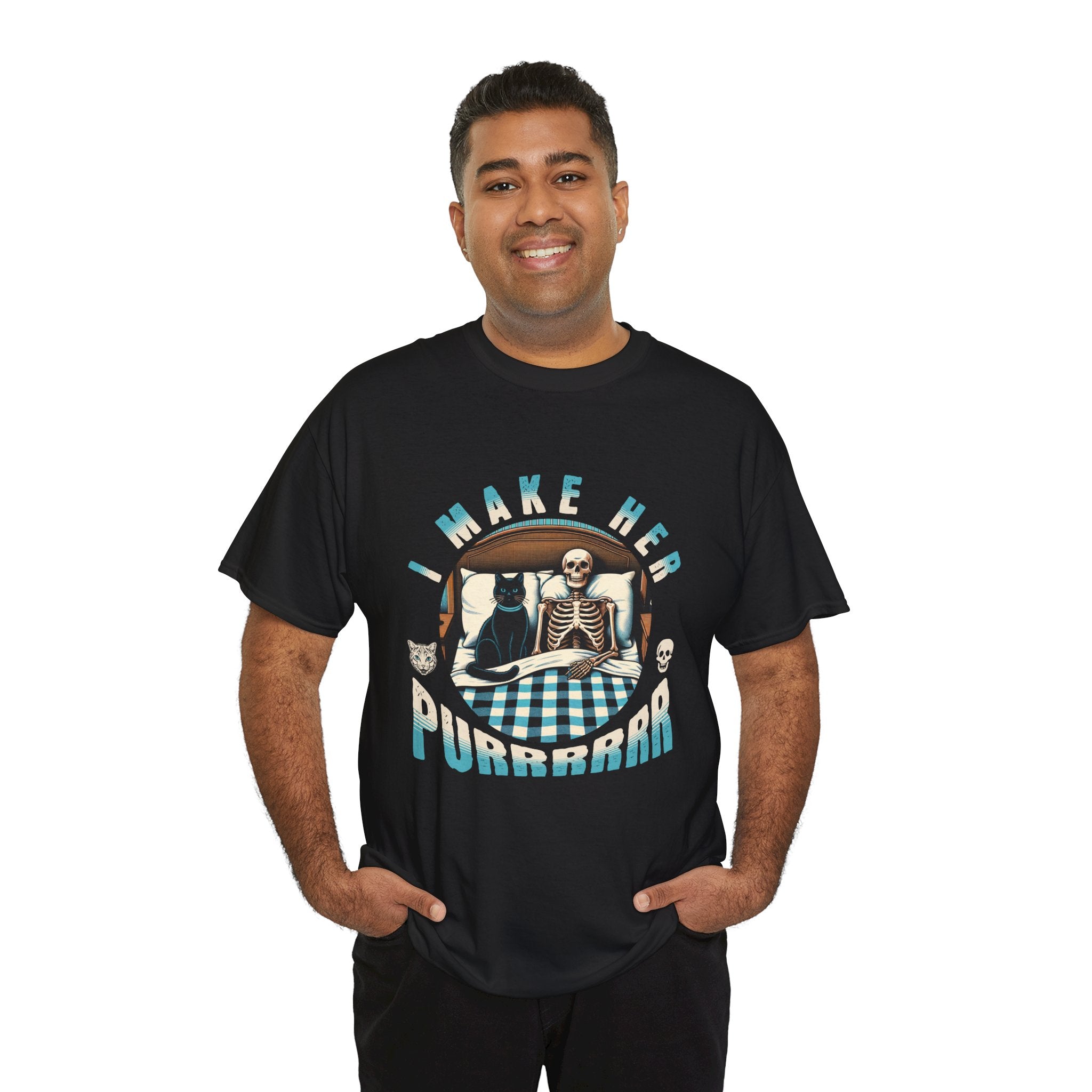Skeleton Cat Tee — "I Make Her Purrrrrr" Funny Gothic Halloween Shirt