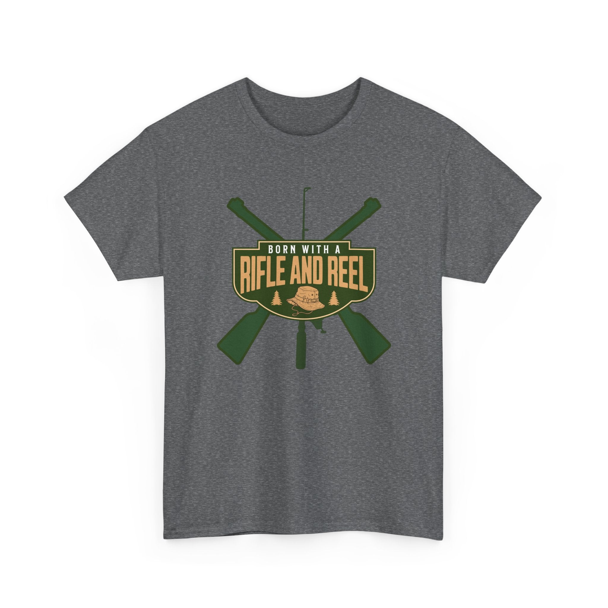 Rifle and Reel T-Shirt — "Born With a Rifle and Reel" Hunting &amp; Fishing Graphic Tee