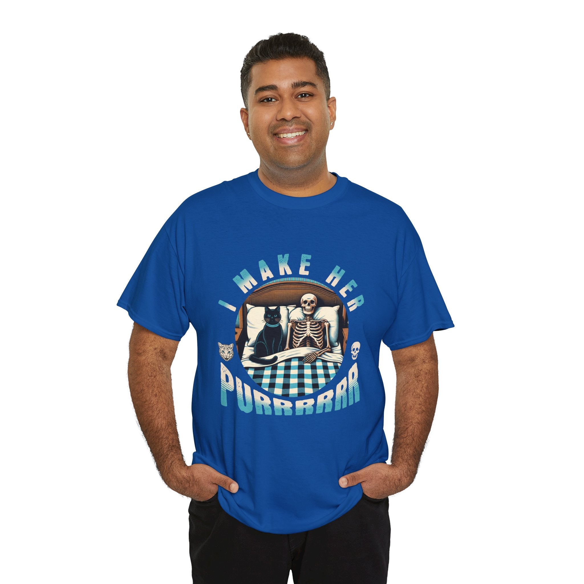 Skeleton Cat Tee — "I Make Her Purrrrrr" Funny Gothic Halloween Shirt