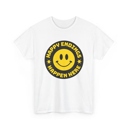 Happy Endings Happen Here – Funny Smiley Face T-Shirt