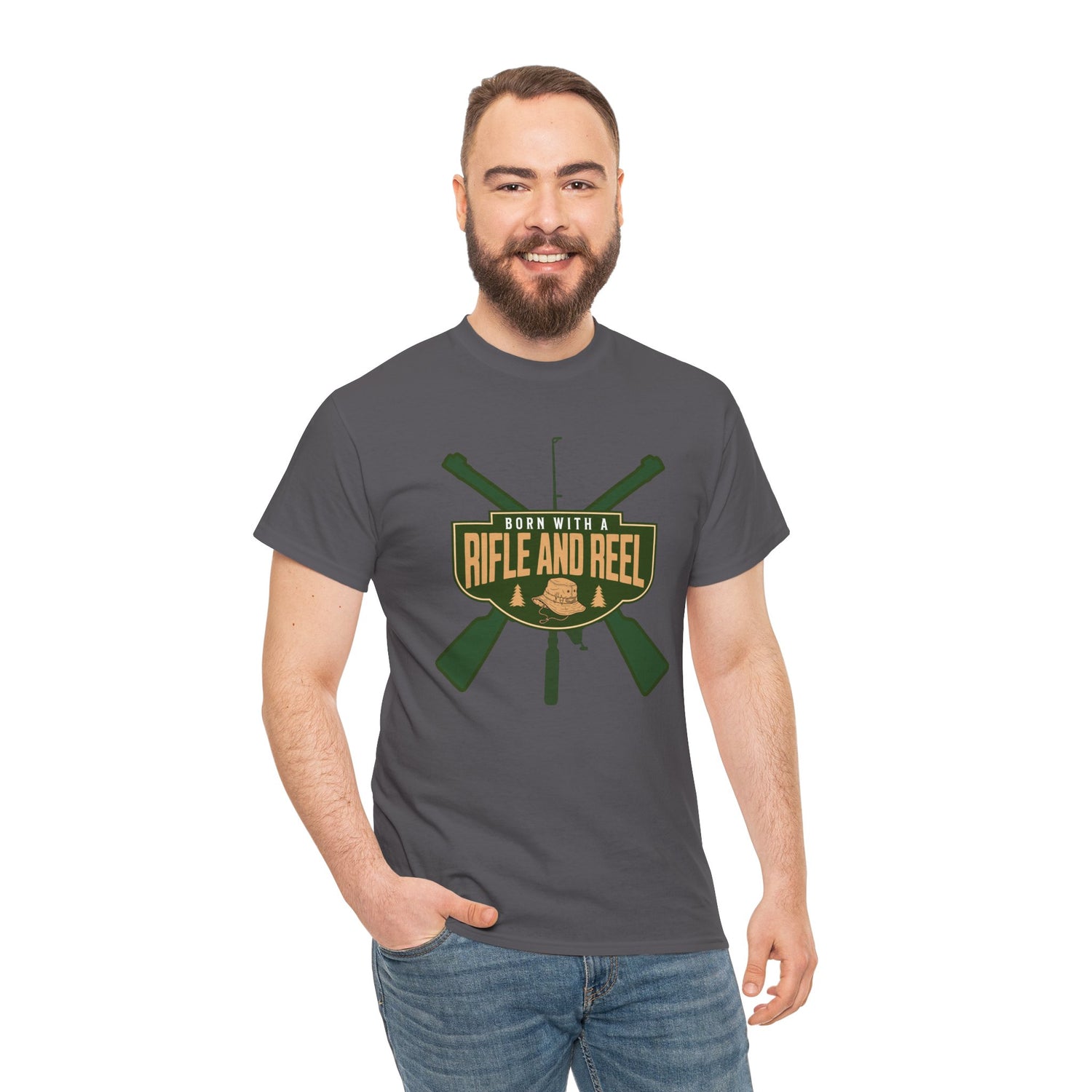 Rifle and Reel T-Shirt — "Born With a Rifle and Reel" Hunting &amp; Fishing Graphic Tee