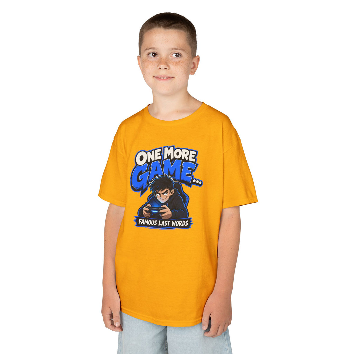Kids Tee — "One More Game... Famous Last Words" Gaming Graphic Shirt