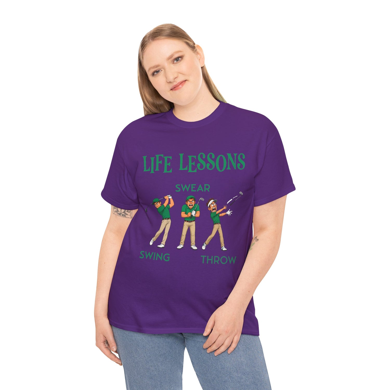 Golf T-Shirt — "Life Lessons: Swear, Swing, Throw" Funny Golfer Tee