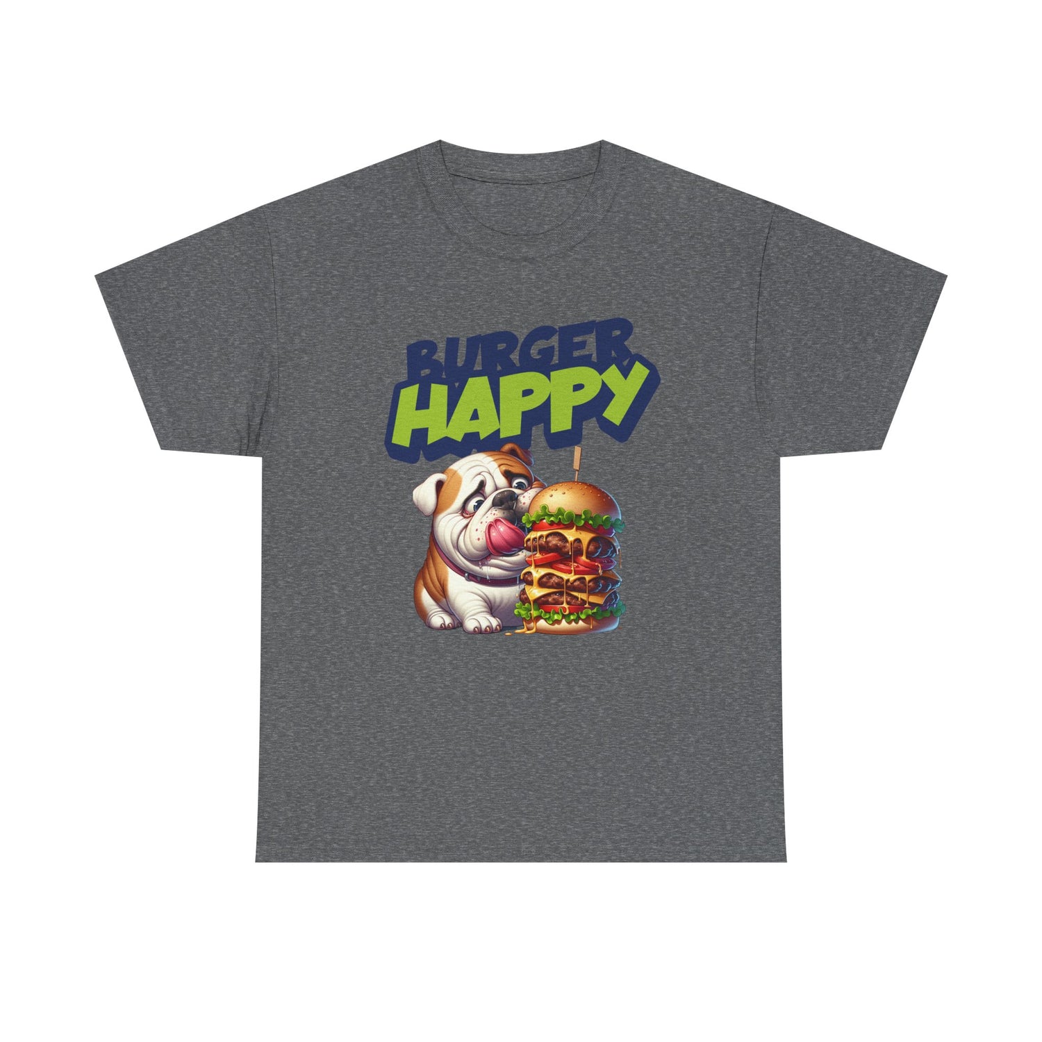 Burger Happy Bulldog T-Shirt — Cute Bulldog with Giant Burger Graphic