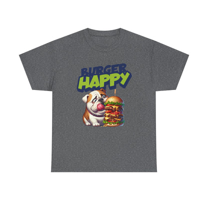 Burger Happy Bulldog T-Shirt — Cute Bulldog with Giant Burger Graphic
