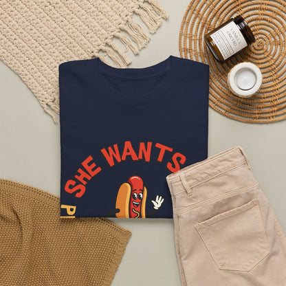 Hot Dog Graphic Tee - "She Wants To Play With My Schnitzel" Funny Retro Food Shirt