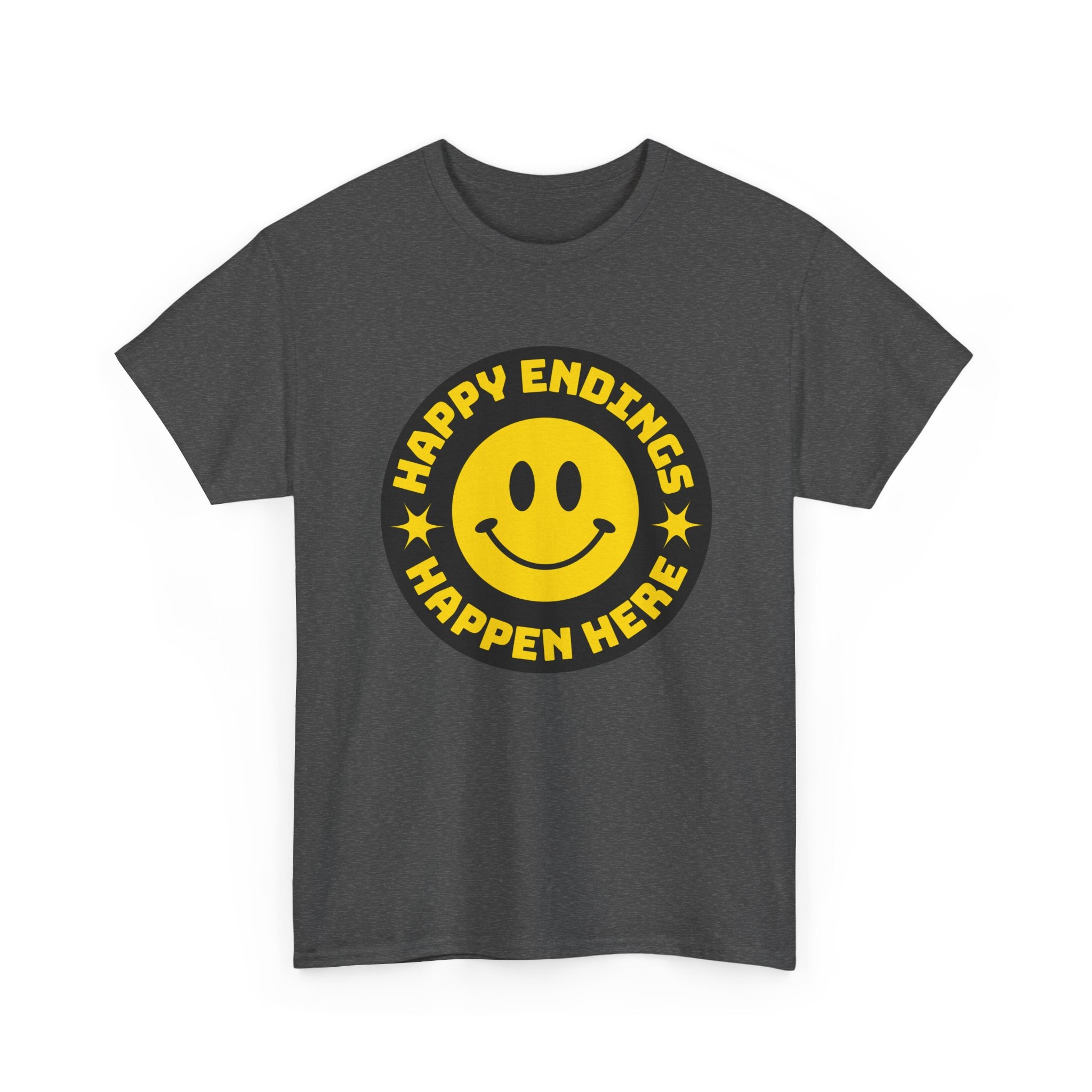 Happy Endings Happen Here – Funny Smiley Face T-Shirt