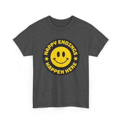 Happy Endings Happen Here – Funny Smiley Face T-Shirt