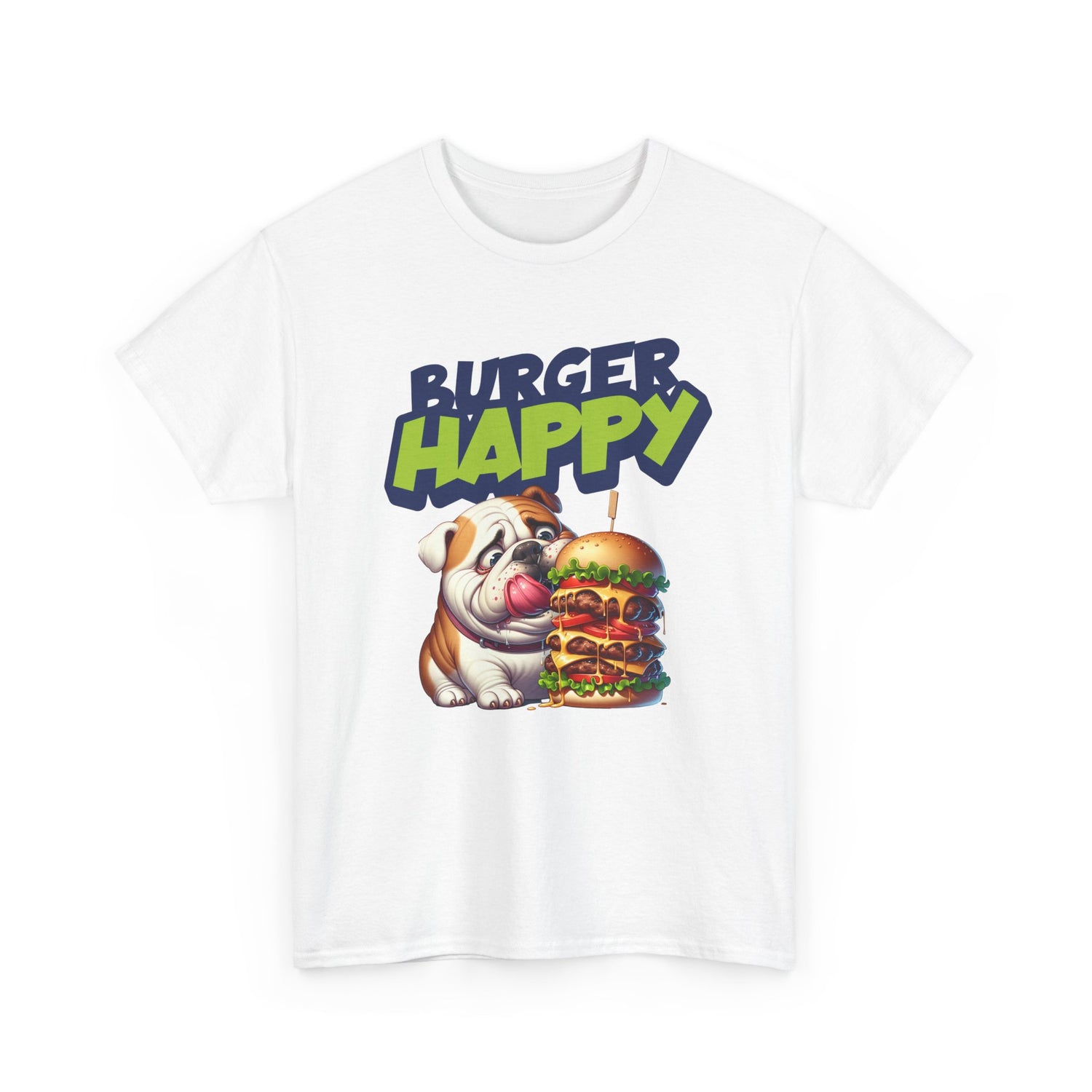Burger Happy Bulldog T-Shirt — Cute Bulldog with Giant Burger Graphic