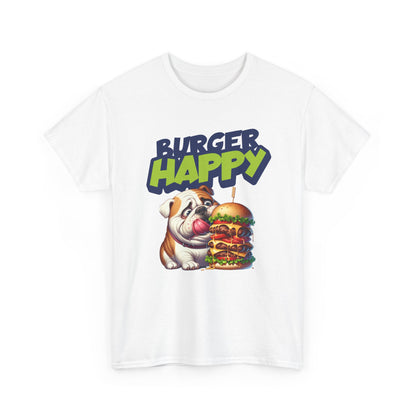 Burger Happy Bulldog T-Shirt — Cute Bulldog with Giant Burger Graphic