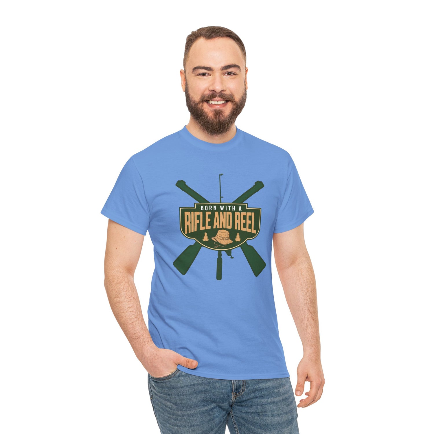 Rifle and Reel T-Shirt — "Born With a Rifle and Reel" Hunting &amp; Fishing Graphic Tee