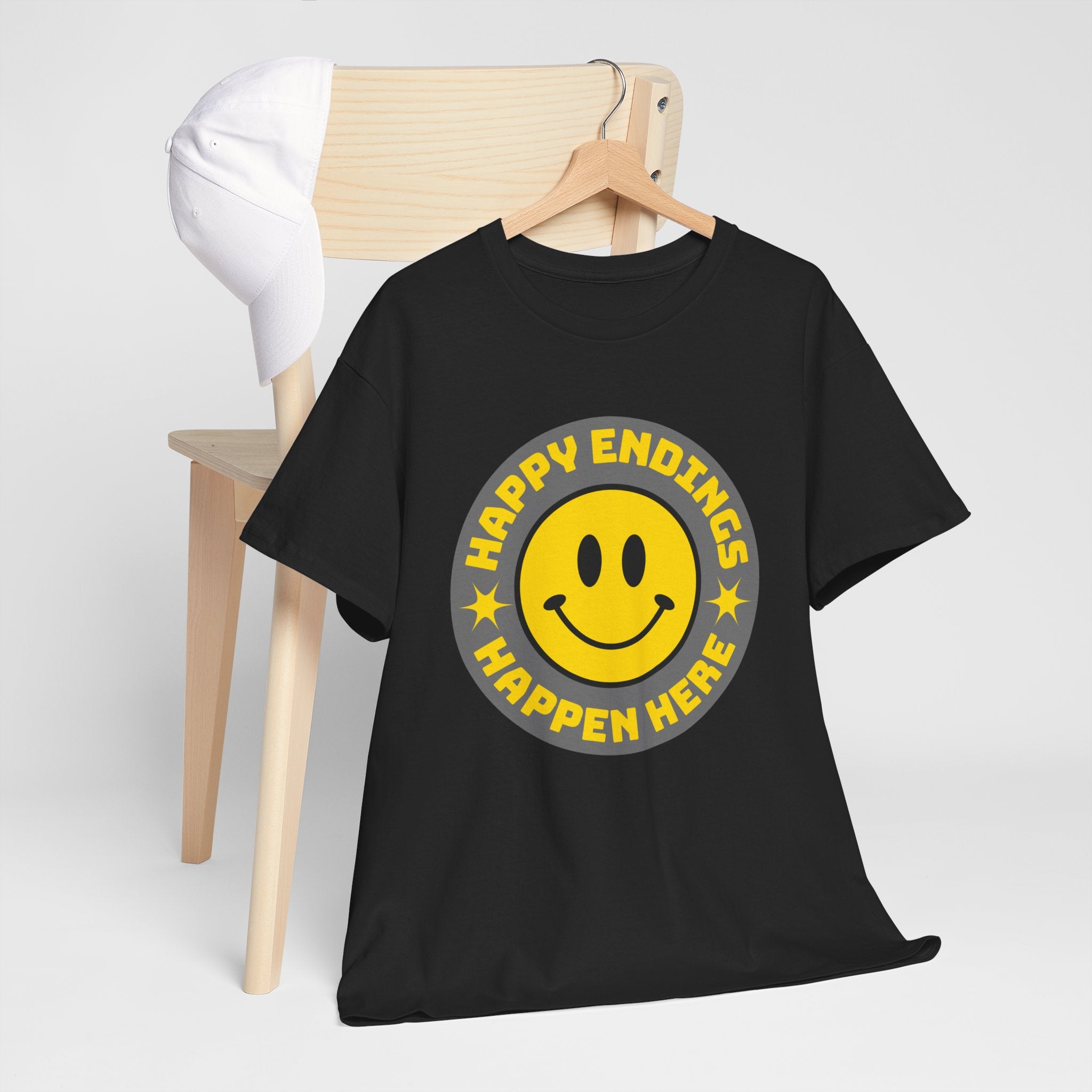 Happy Endings Happen Here – Funny Smiley Face T-Shirt
