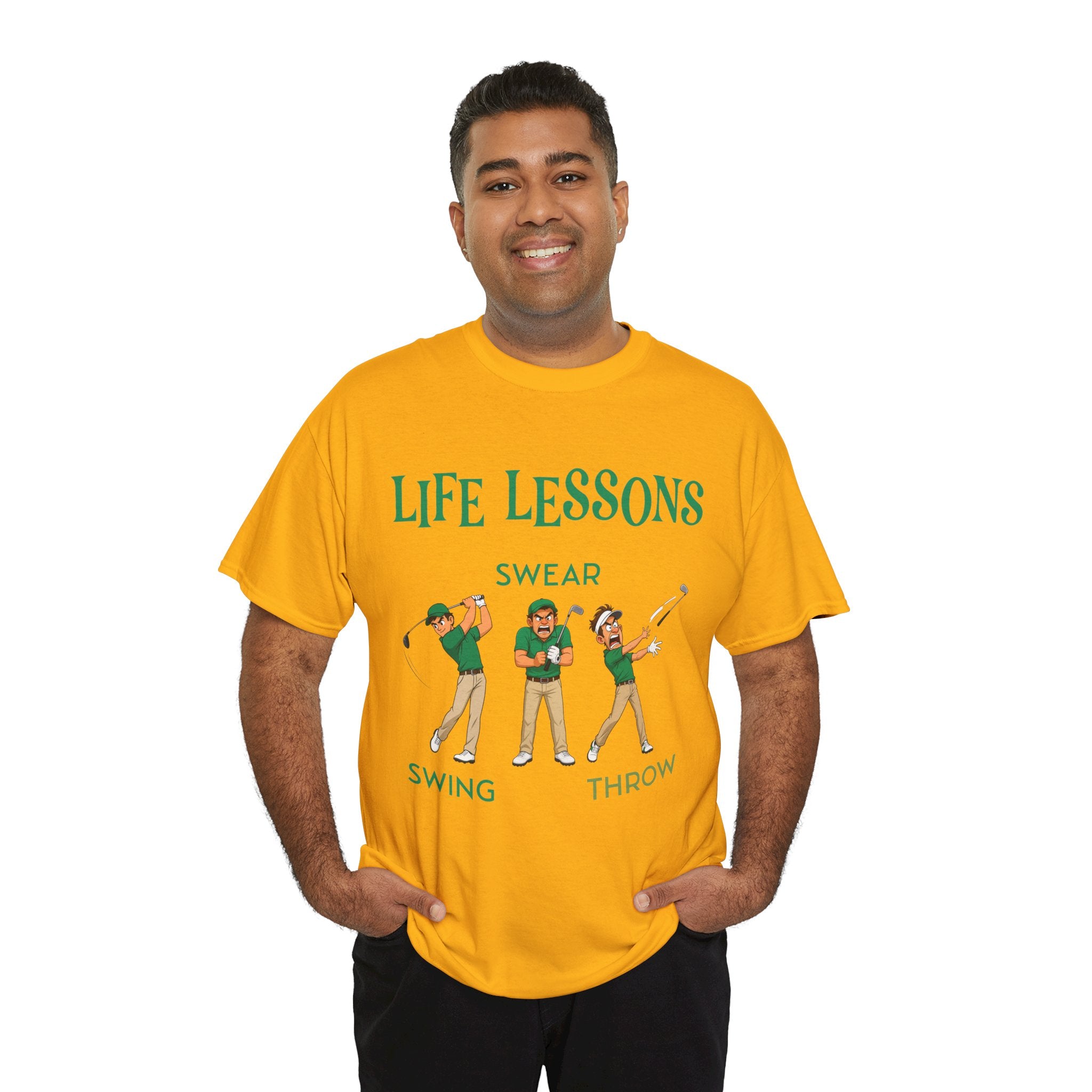 Golf T-Shirt — "Life Lessons: Swear, Swing, Throw" Funny Golfer Tee