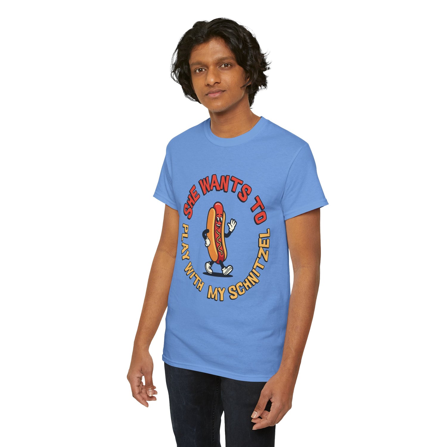 Hot Dog Graphic Tee - "She Wants To Play With My Schnitzel" Funny Retro Food Shirt