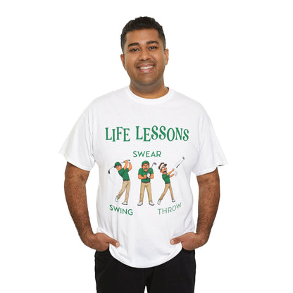 Golf T-Shirt — "Life Lessons: Swear, Swing, Throw" Funny Golfer Tee