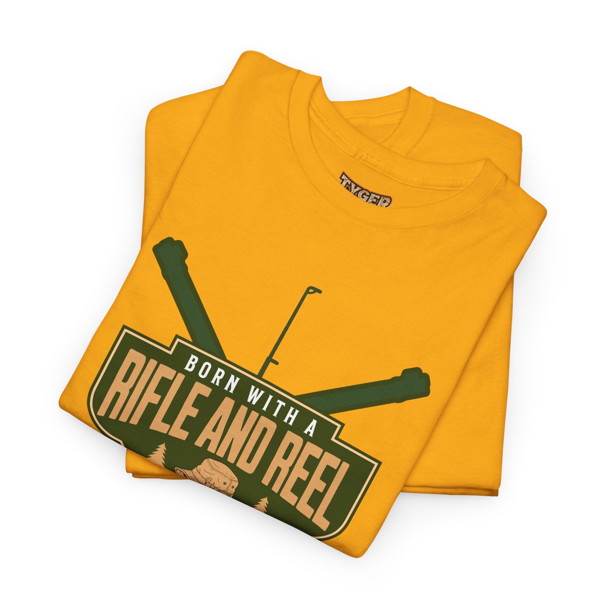 Rifle and Reel T-Shirt — "Born With a Rifle and Reel" Hunting &amp; Fishing Graphic Tee