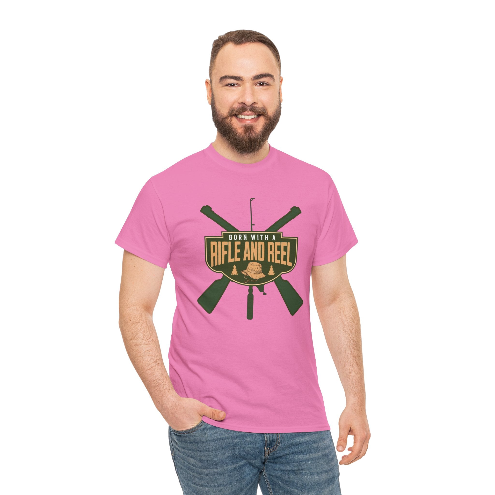Rifle and Reel T-Shirt — "Born With a Rifle and Reel" Hunting &amp; Fishing Graphic Tee