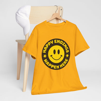Happy Endings Happen Here – Funny Smiley Face T-Shirt