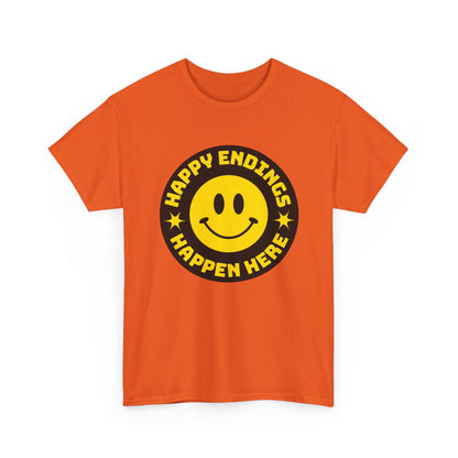 Happy Endings Happen Here – Funny Smiley Face T-Shirt