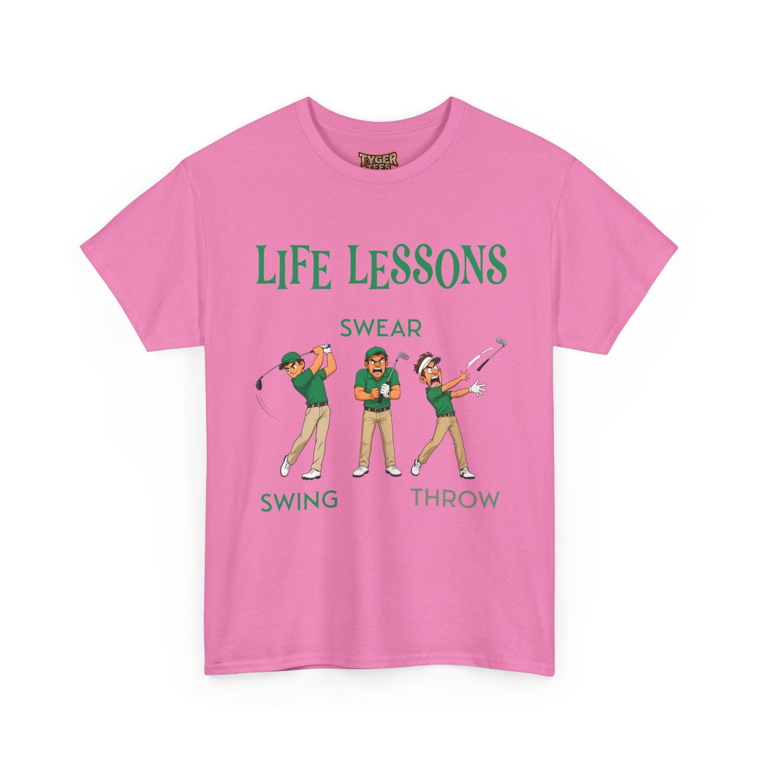 Golf T-Shirt — "Life Lessons: Swear, Swing, Throw" Funny Golfer Tee
