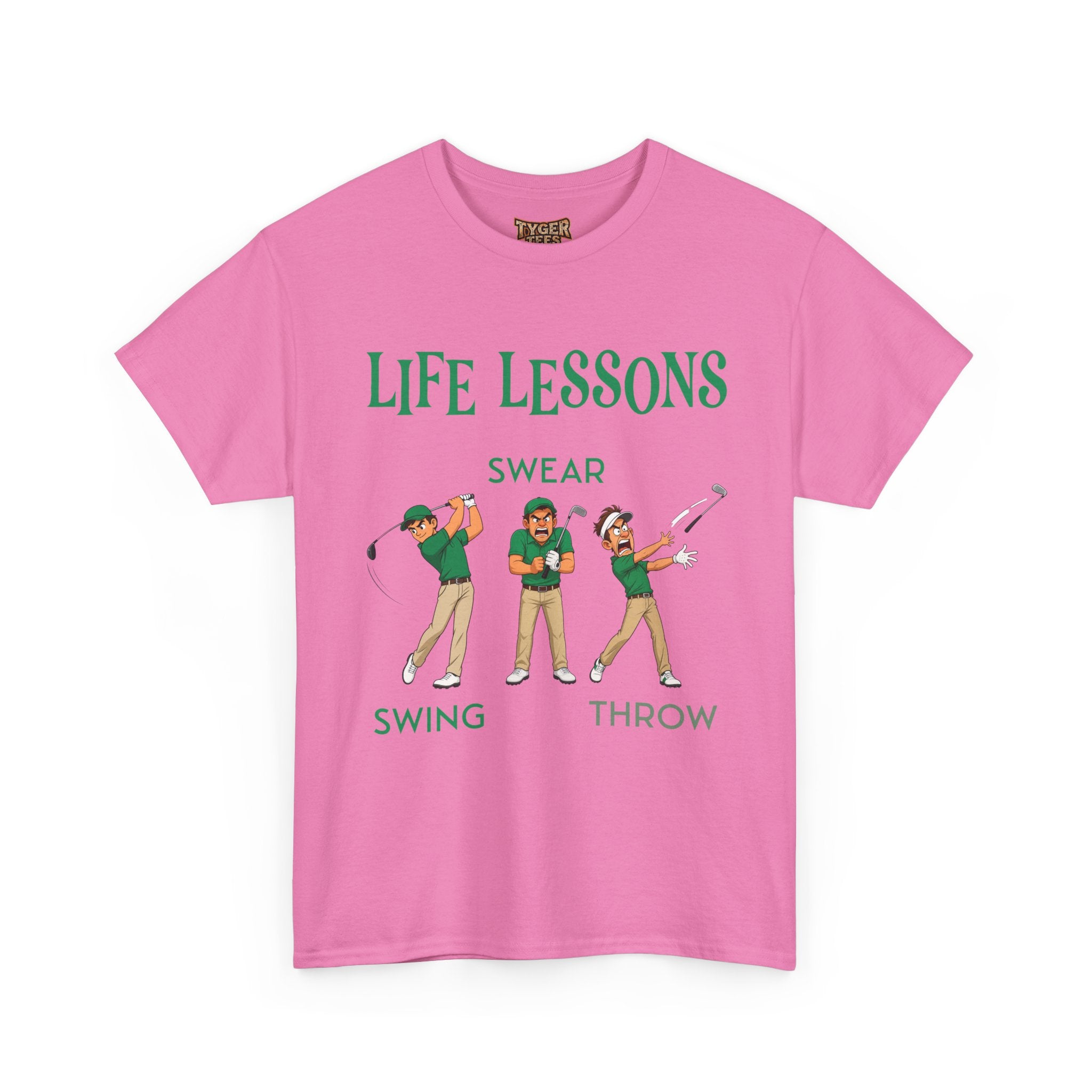 Golf T-Shirt — "Life Lessons: Swear, Swing, Throw" Funny Golfer Tee