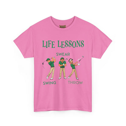 Golf T-Shirt — "Life Lessons: Swear, Swing, Throw" Funny Golfer Tee