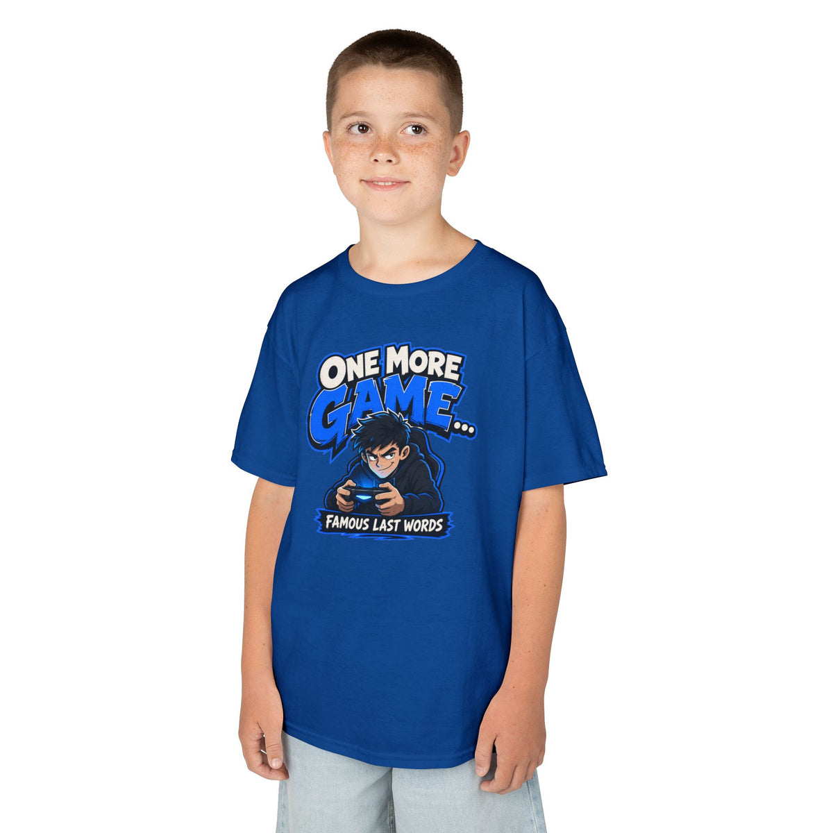 Kids Tee — "One More Game... Famous Last Words" Gaming Graphic Shirt