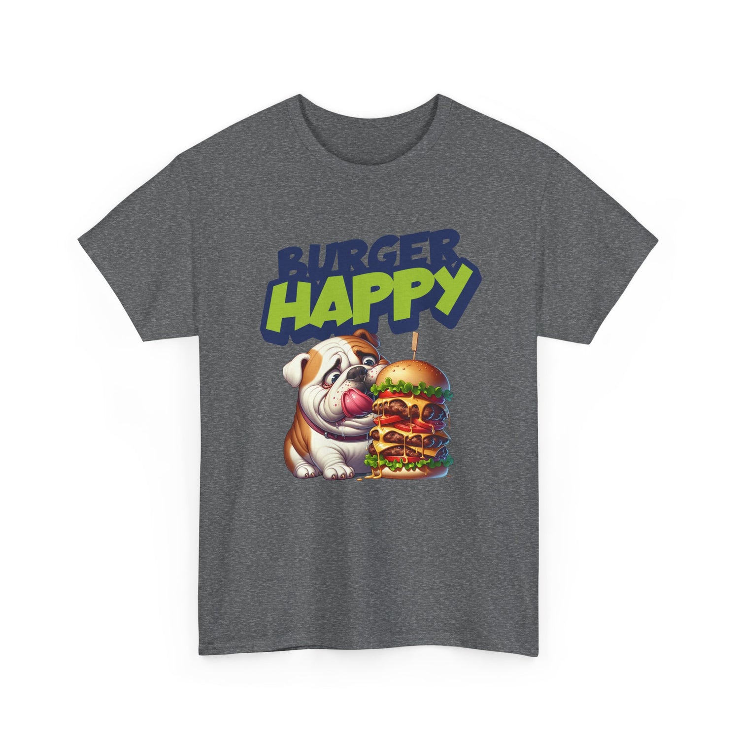 Burger Happy Bulldog T-Shirt — Cute Bulldog with Giant Burger Graphic