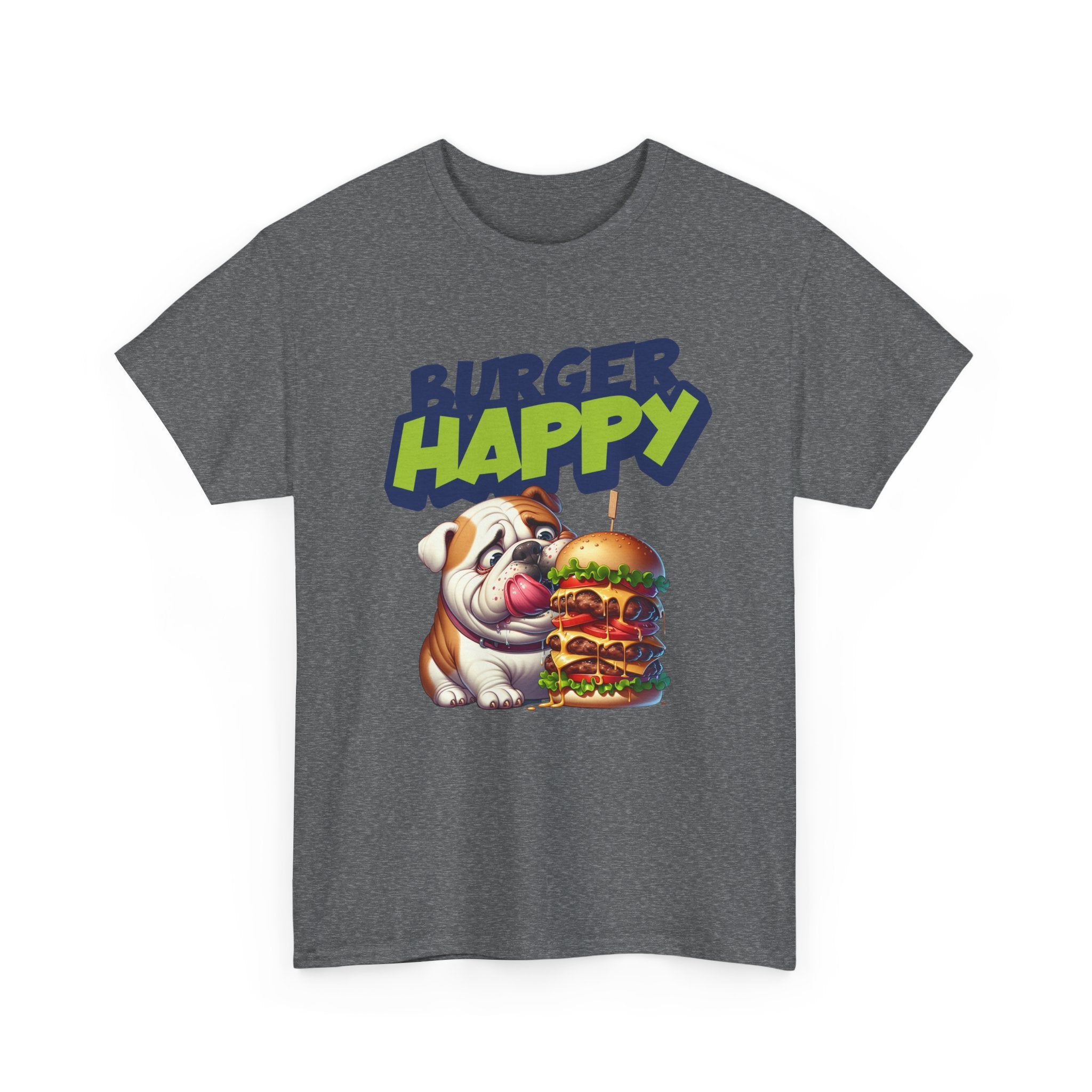 Burger Happy Bulldog T-Shirt — Cute Bulldog with Giant Burger Graphic