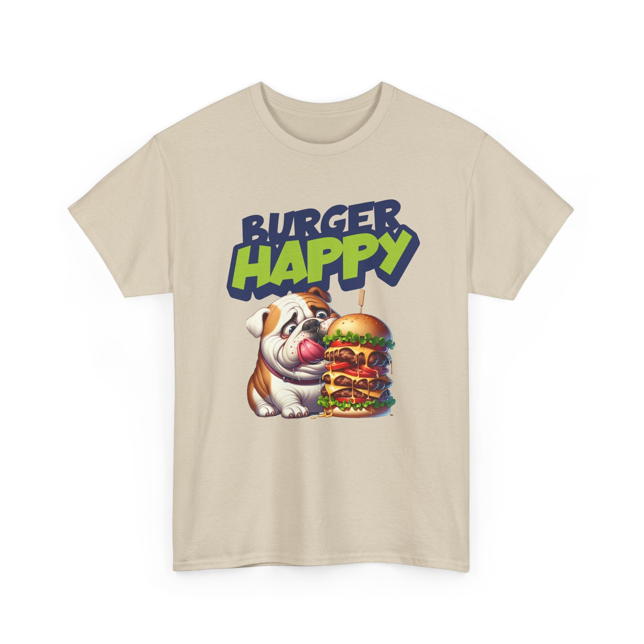 Burger Happy Bulldog T-Shirt — Cute Bulldog with Giant Burger Graphic