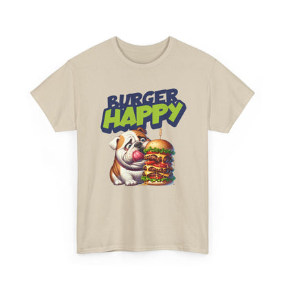 Burger Happy Bulldog T-Shirt — Cute Bulldog with Giant Burger Graphic
