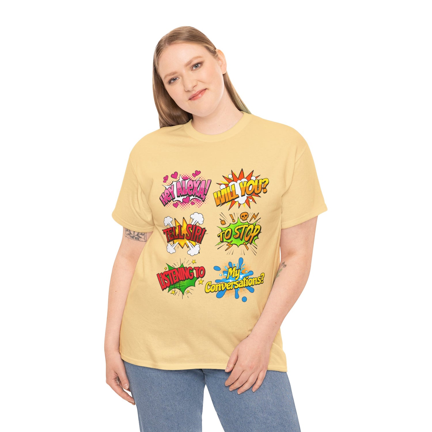 Graphic Tee — Comic Pop Speech Bubble Design (“Hey Alexa! Will You? Tell Siri To Stop Listening To My Conversations”)