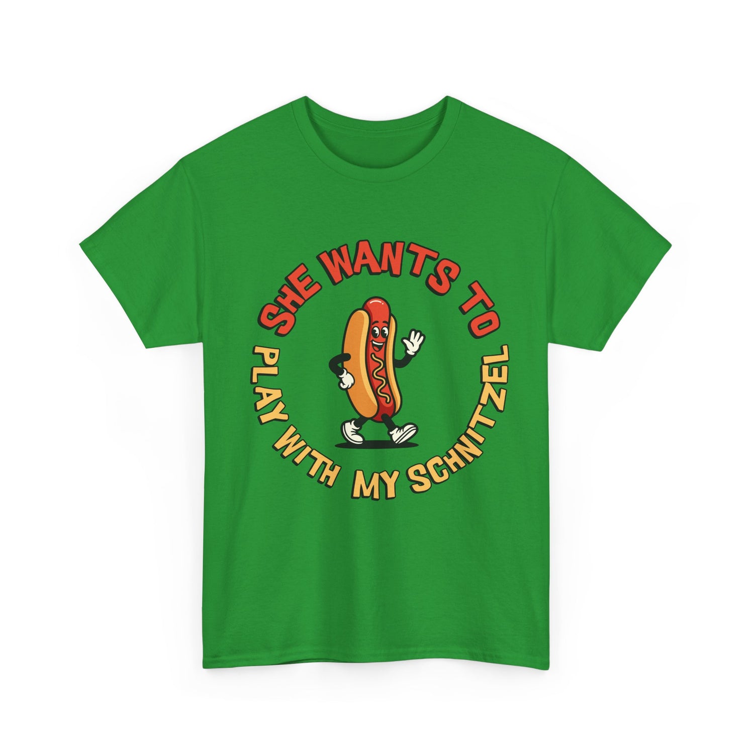 Hot Dog Graphic Tee - "She Wants To Play With My Schnitzel" Funny Retro Food Shirt