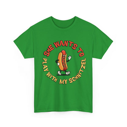 Hot Dog Graphic Tee - "She Wants To Play With My Schnitzel" Funny Retro Food Shirt