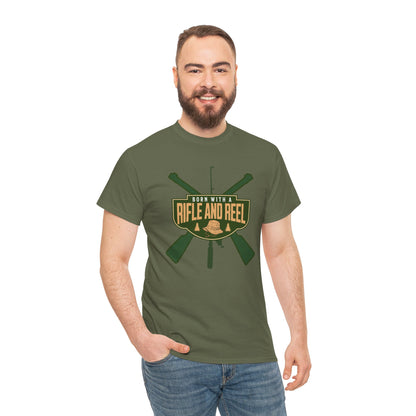 Rifle and Reel T-Shirt — "Born With a Rifle and Reel" Hunting &amp; Fishing Graphic Tee