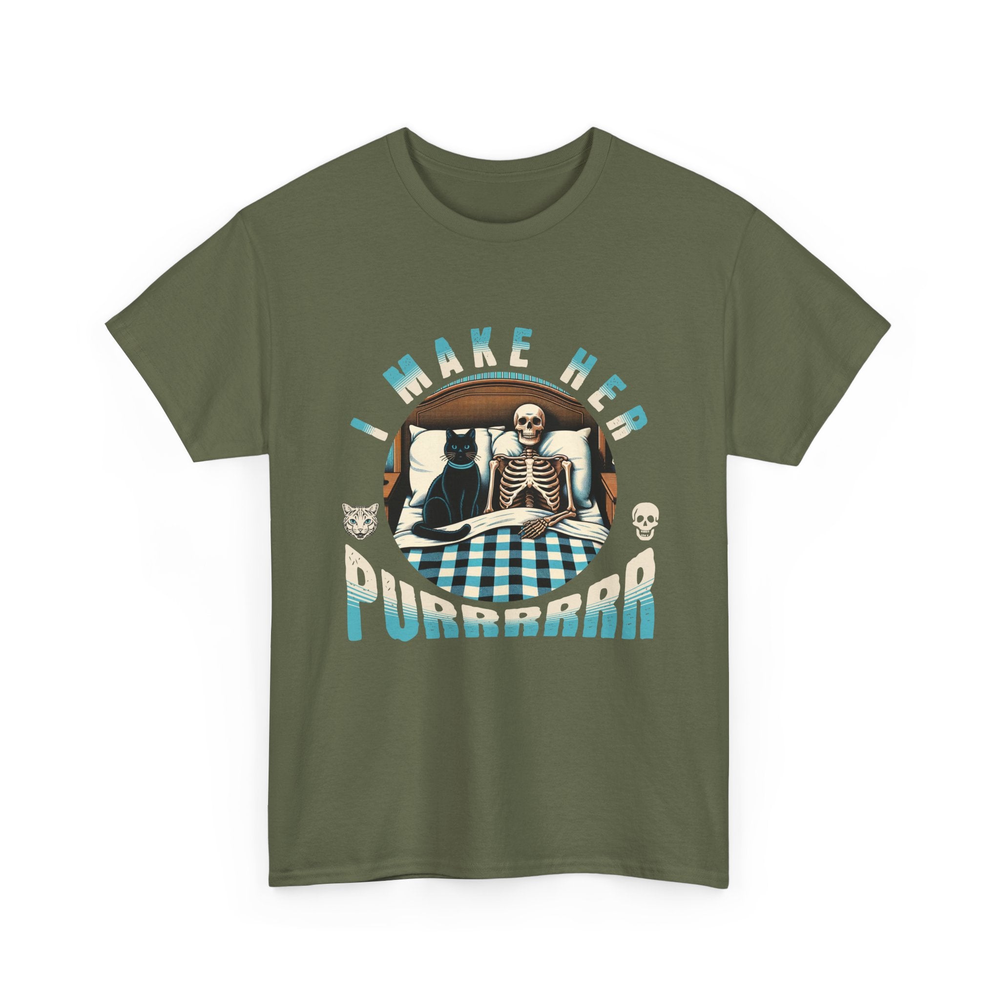 Skeleton Cat Tee — "I Make Her Purrrrrr" Funny Gothic Halloween Shirt