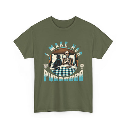 Skeleton Cat Tee — "I Make Her Purrrrrr" Funny Gothic Halloween Shirt