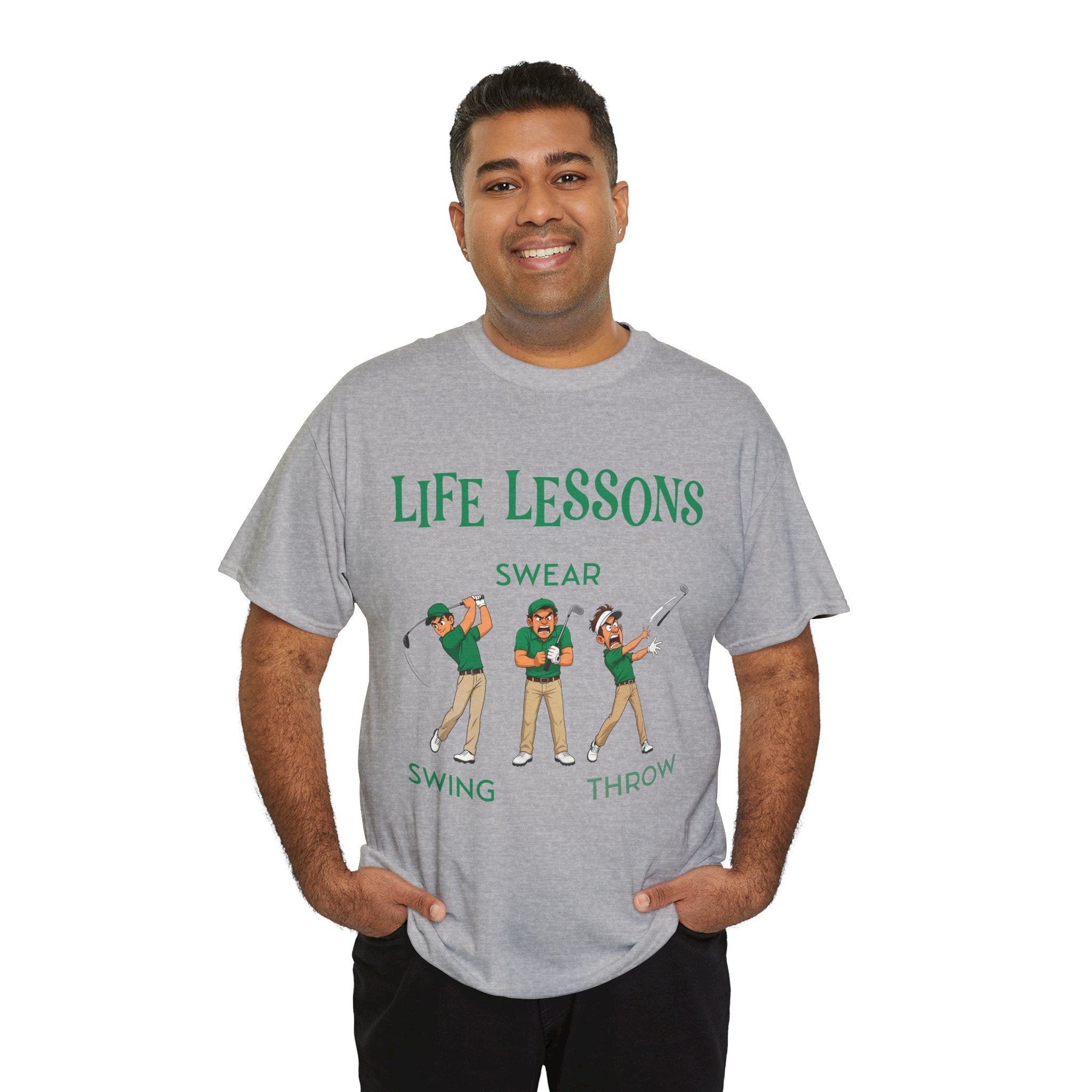 Golf T-Shirt — "Life Lessons: Swear, Swing, Throw" Funny Golfer Tee
