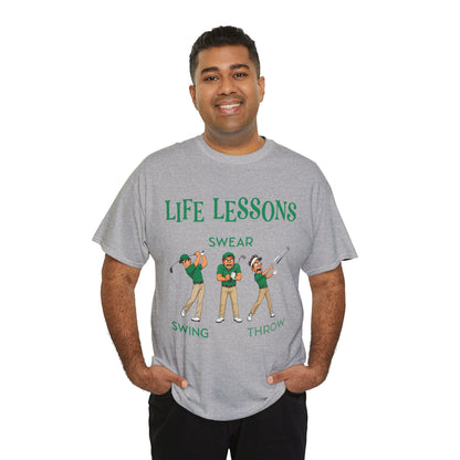 Golf T-Shirt — "Life Lessons: Swear, Swing, Throw" Funny Golfer Tee