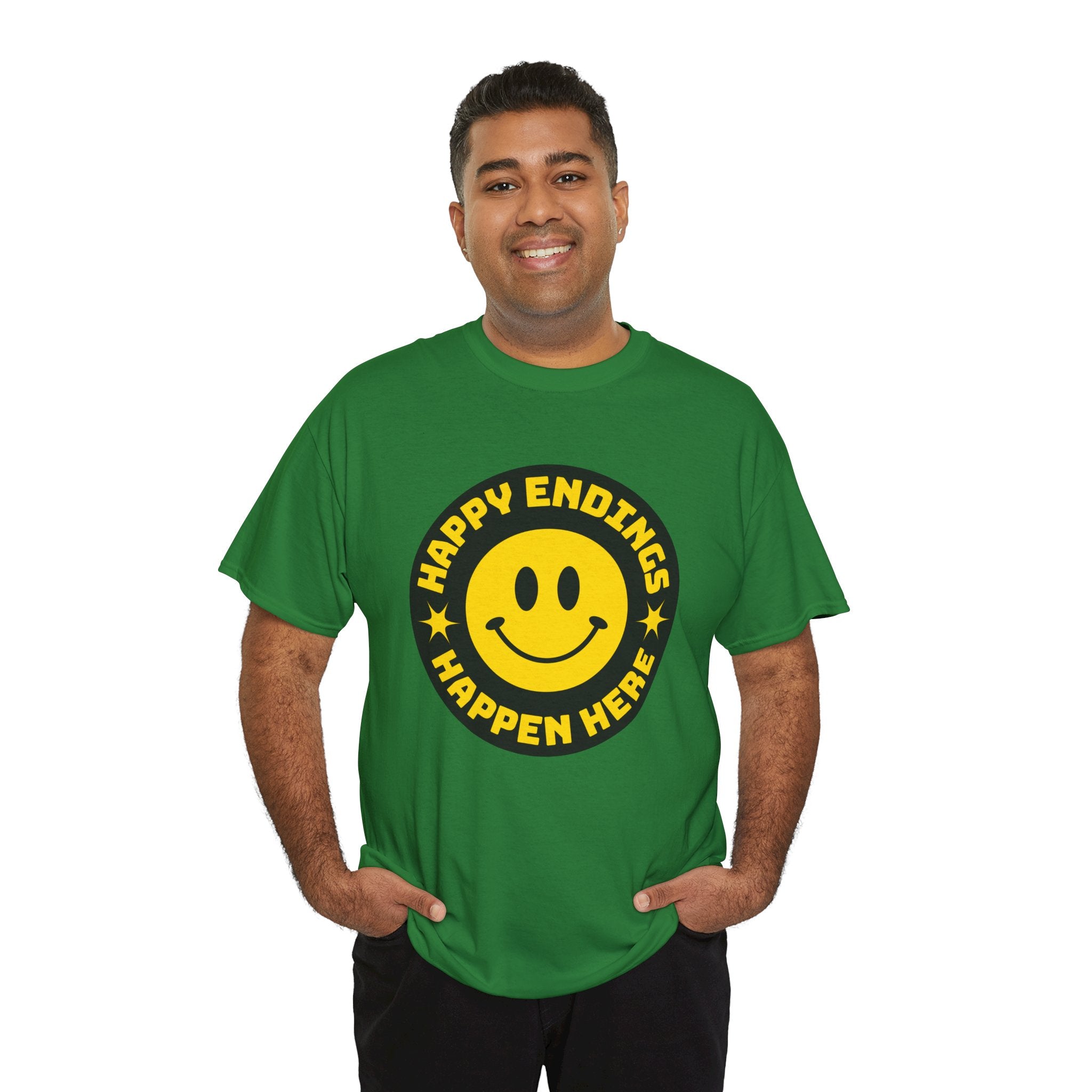 Happy Endings Happen Here – Funny Smiley Face T-Shirt