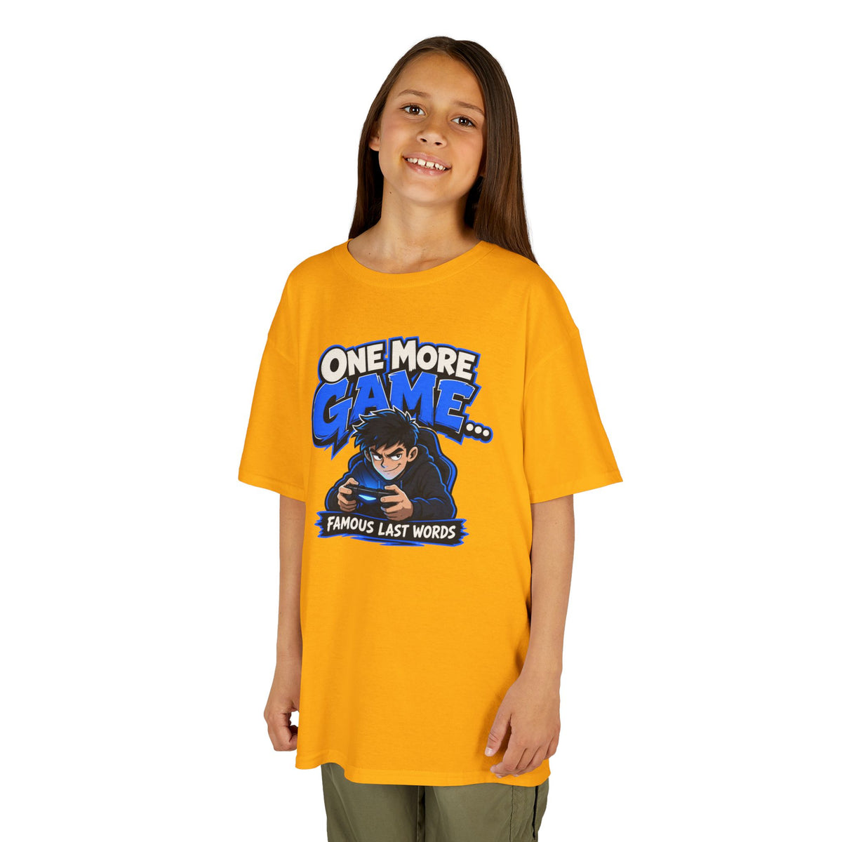 Kids Tee — "One More Game... Famous Last Words" Gaming Graphic Shirt